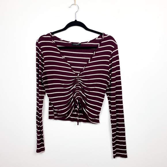 Eclipse Long Sleeve Burgundy & White Striped Ruched Front - Picture 5 of 10